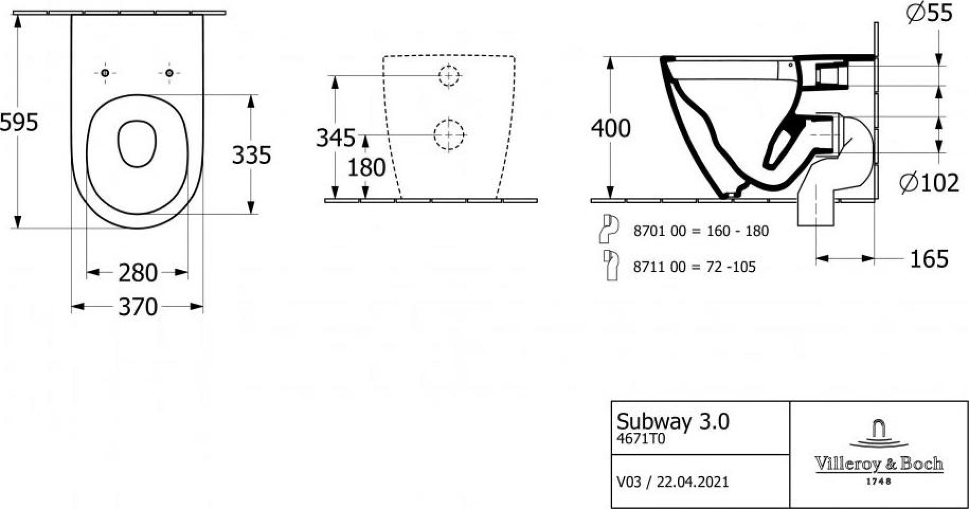 Приставной унитаз Villeroy & Boch Subway 3.0 4671T0R1, белый