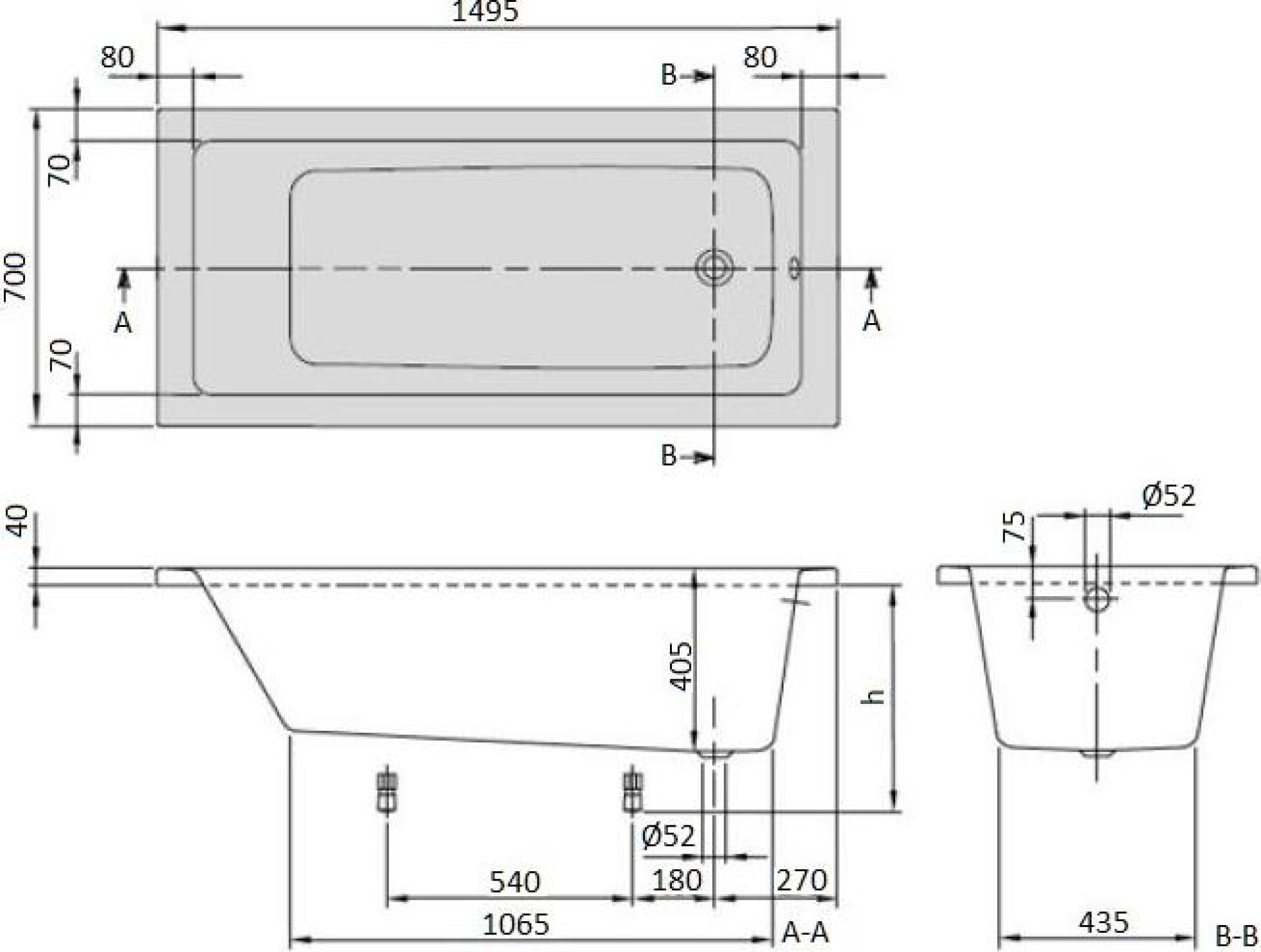 Акриловая ванна Villeroy & Boch Targa Plus 150х70 см UBA150NES2V01+U99740000, белый Alpin