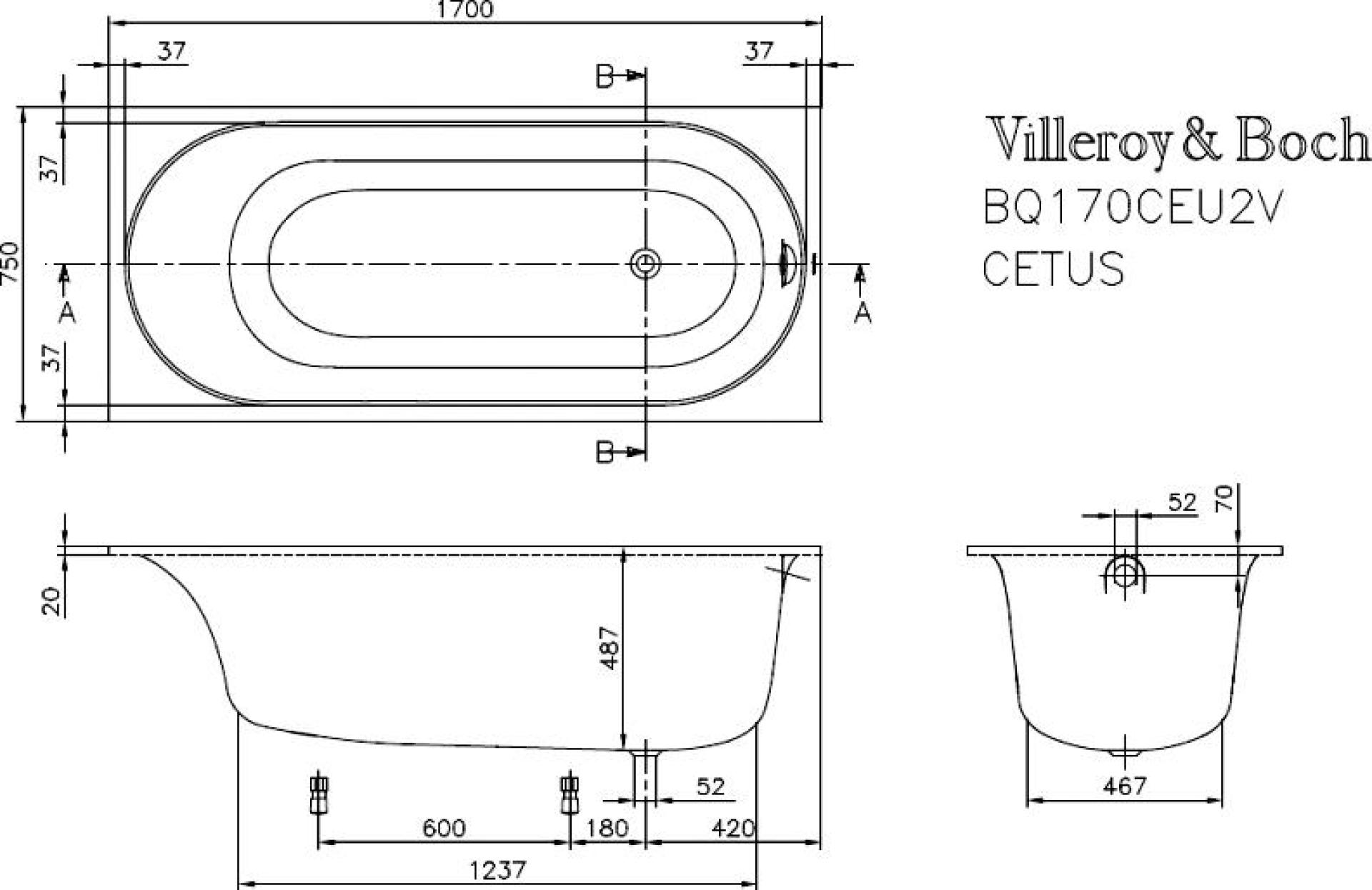 Квариловая ванна 170х75 Villeroy & Boch Cetus UBQ170CEU2V-96